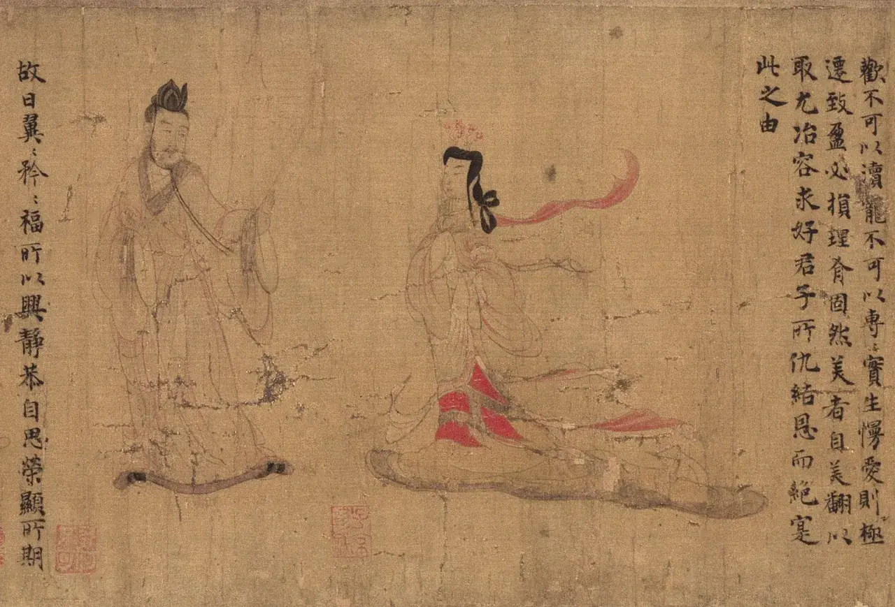 A classic example of Chinese art, featuring two figures in flowing robes, rendered with delicate brushstrokes on aged parchment.