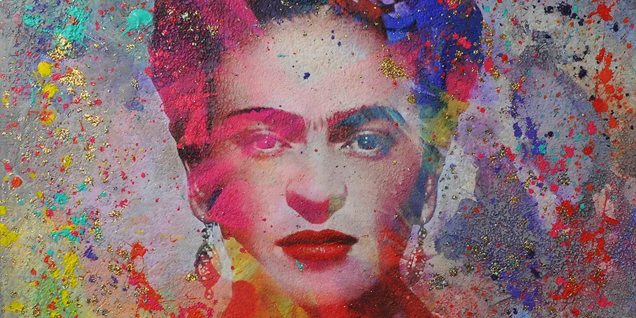 A vibrant, abstract portrait of Frida Kahlo, reminiscent of a Diego Rivera self-portrait, with bold colors and glitter.