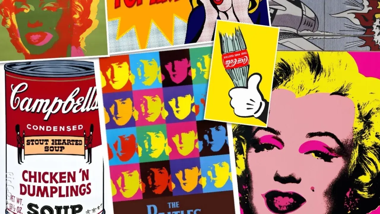A collage of iconic pop art symbols: Marilyn Monroe, Campbell's soup can, The Beatles, and a Coca-Cola bottle.