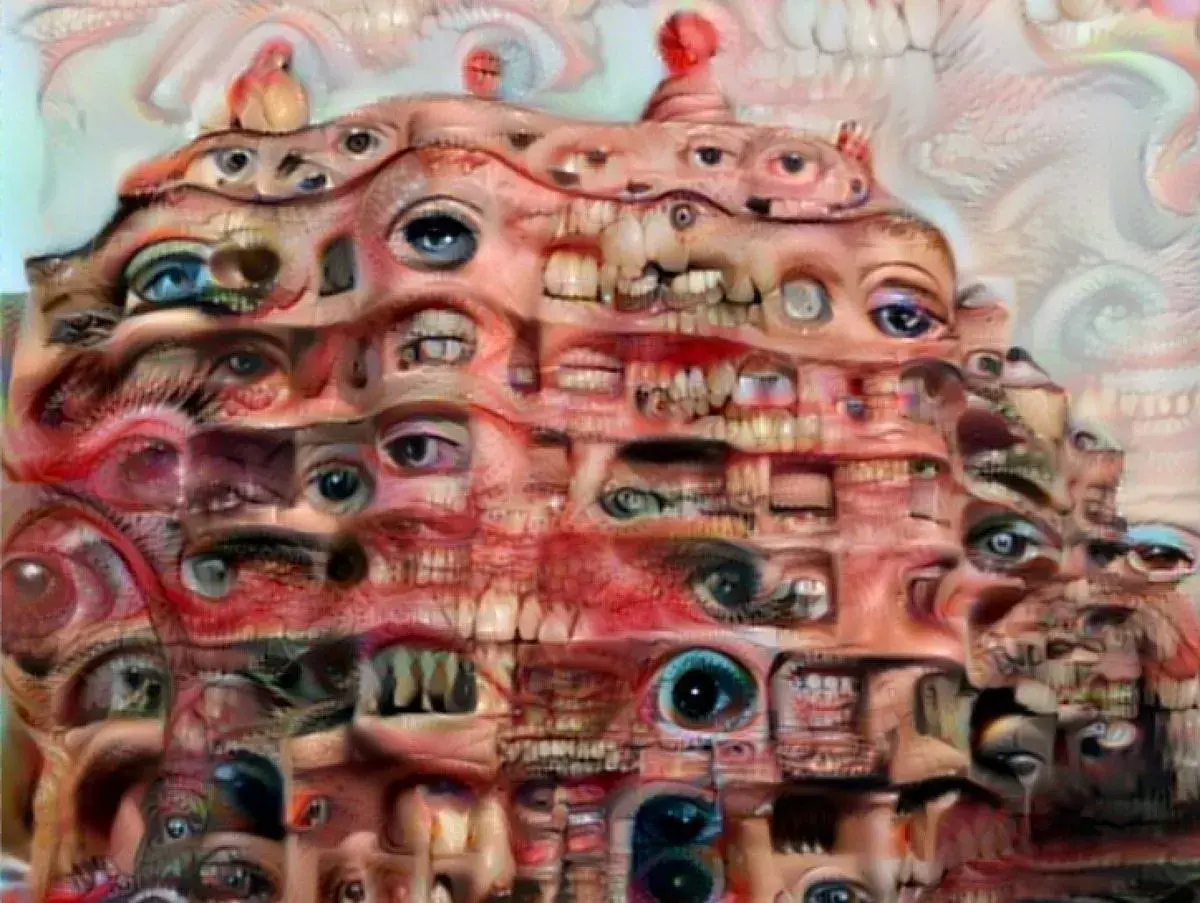 A surreal, nightmarish landscape of eyes and mouths, rendered in unsettling horror art styles.