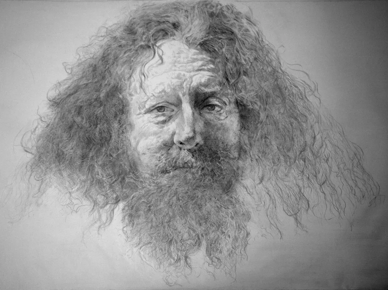 A detailed silver drawing captures the weathered face and wild, flowing hair of an old man, his eyes holding a story.