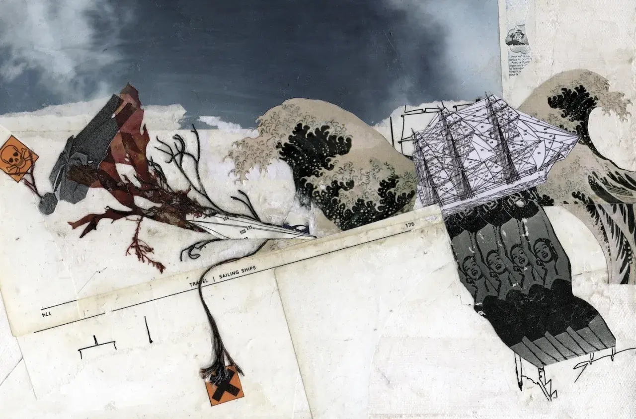 An art collage depicting a stormy sea with a sailing ship, seaweed, and a skull and crossbones flag.