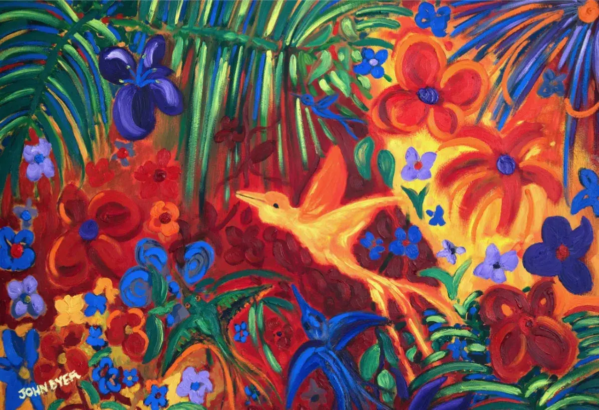 Vibrant jungle scene with a yellow bird in flight, painted by John Dyer artist. Lush foliage and colorful flowers fill the canvas.