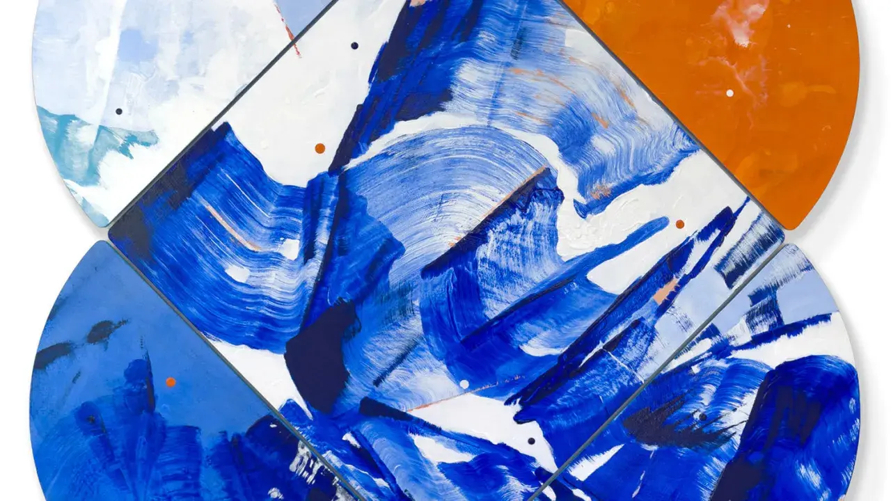 Vibrant abstract art examples featuring bold blue brushstrokes on white, with pops of orange and subtle pink accents.