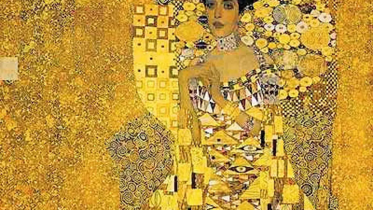 Gustav Klimt's portrait of Adele Bloch-Bauer I, a dazzling gold-leaf masterpiece, captures her regal presence amidst a mosaic of patterns.
