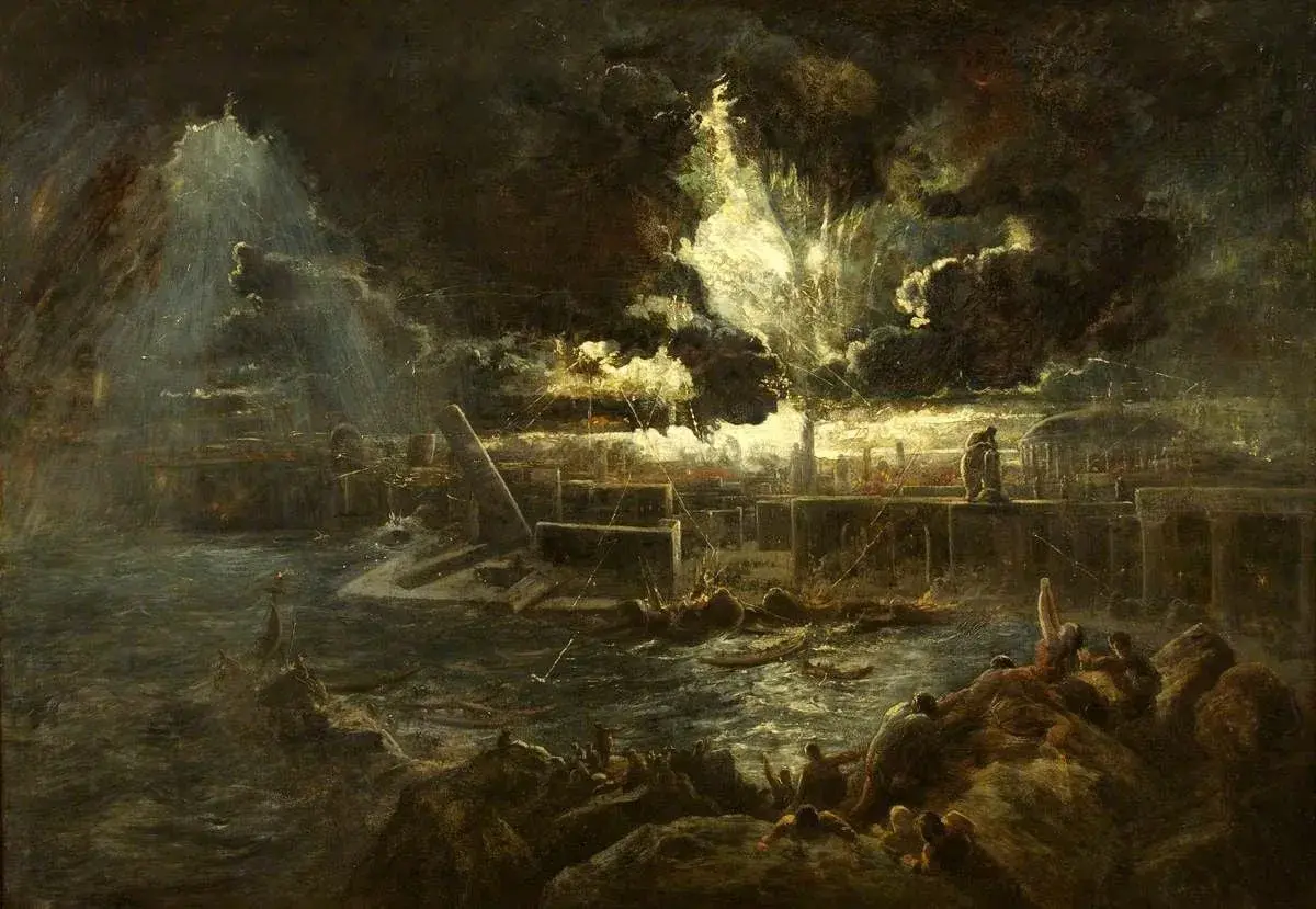 Dramatic, dark clouds loom over a chaotic scene of destruction and panic. This Pompeii art depicts a city in ruins, with people fleeing and boats capsizing in the turbulent waters.