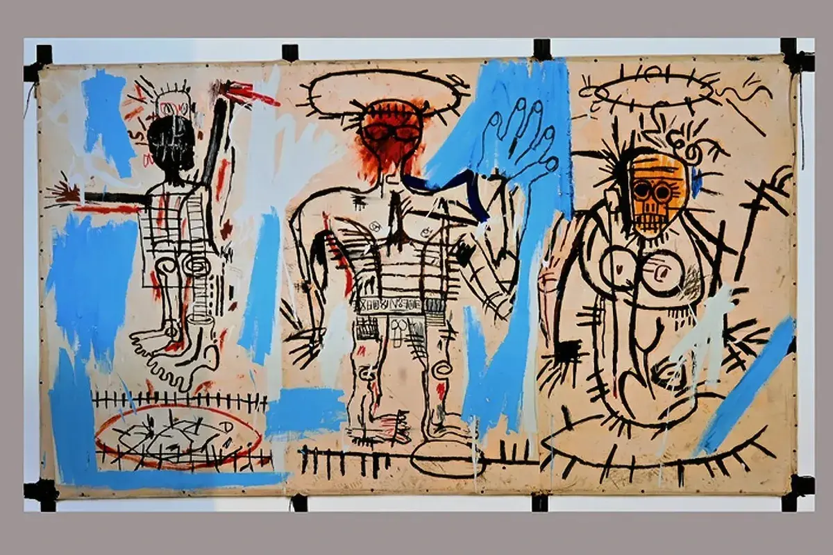 Basquiat's triptych meaning unfolds through three raw figures, their bodies outlined in black, with splashes of blue and red.
