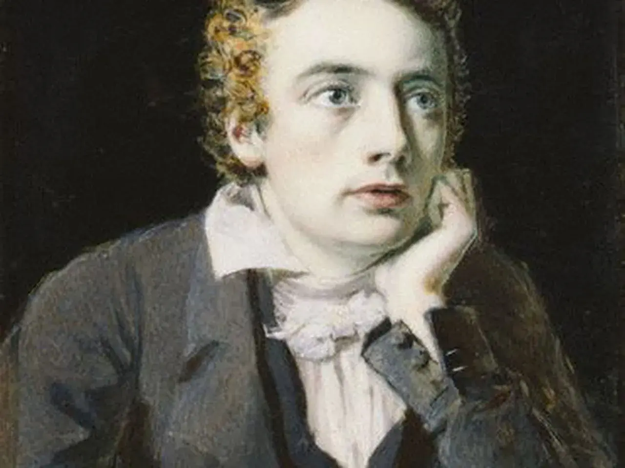 A thoughtful John Keats portrait, his hand resting on his cheek, with curly hair and a ruffled collar.