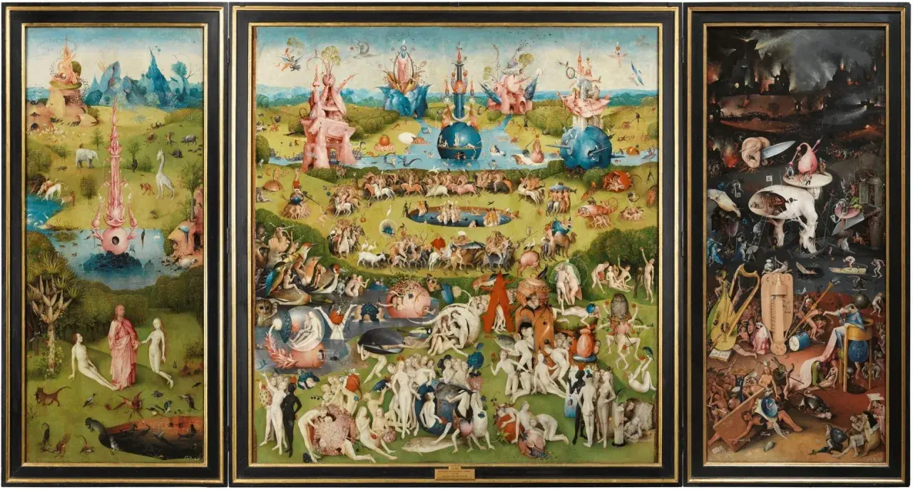 A triptych depicting a surreal landscape with fantastical creatures and human figures, showcasing the power of visual literacy in art to convey complex narratives and moral lessons.