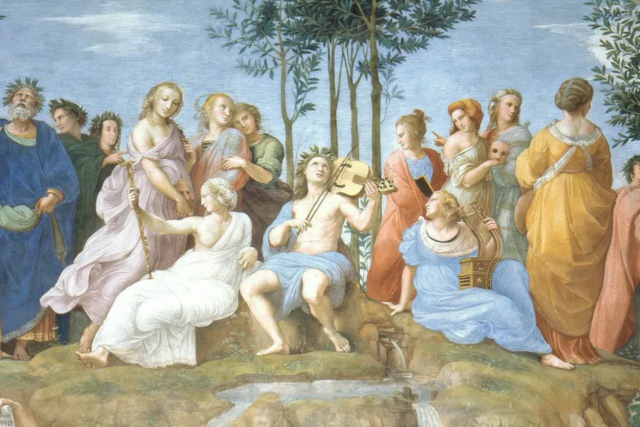 A gathering of ancient Greek muses, some playing instruments like a lyre and violin, others holding masks and staffs, under a canopy of trees.