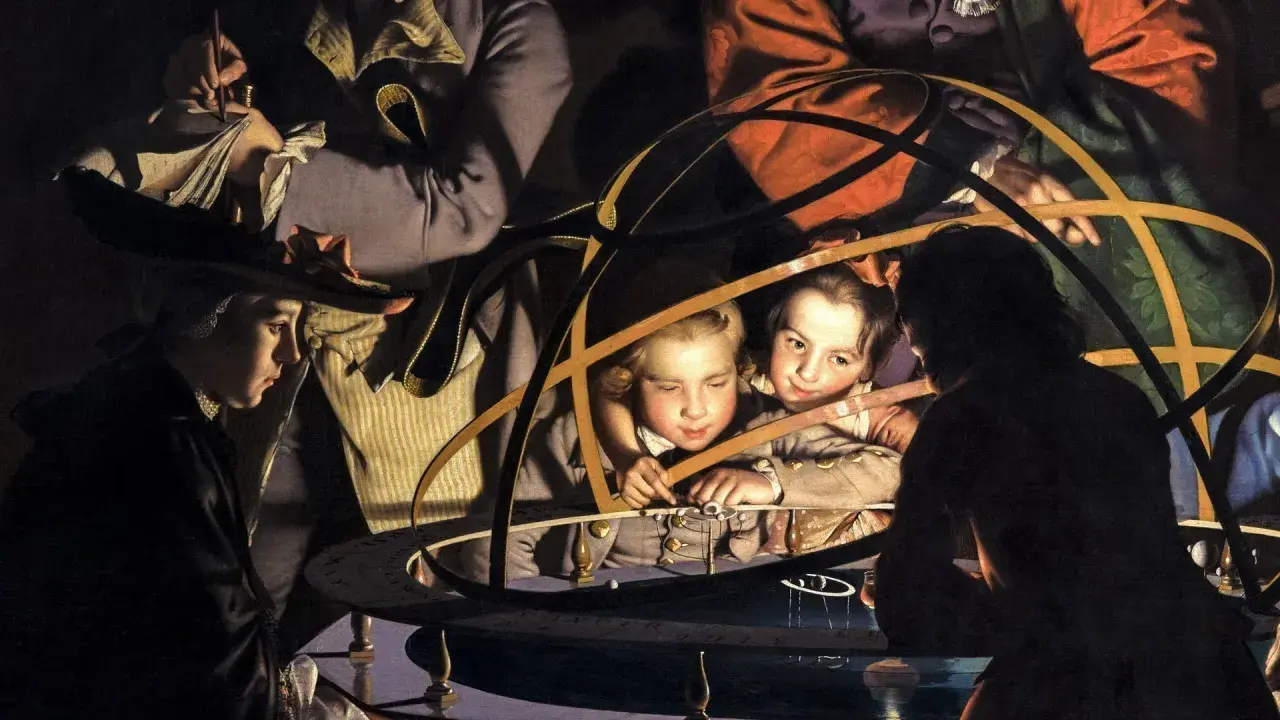 Children gaze at an armillary sphere, their faces illuminated by a dramatic tone in art. A woman in a hat watches intently.