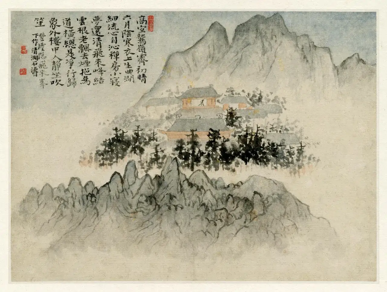 A traditional Chinese painting depicts a temple nestled among misty mountains. Calligraphy adorns the left side.