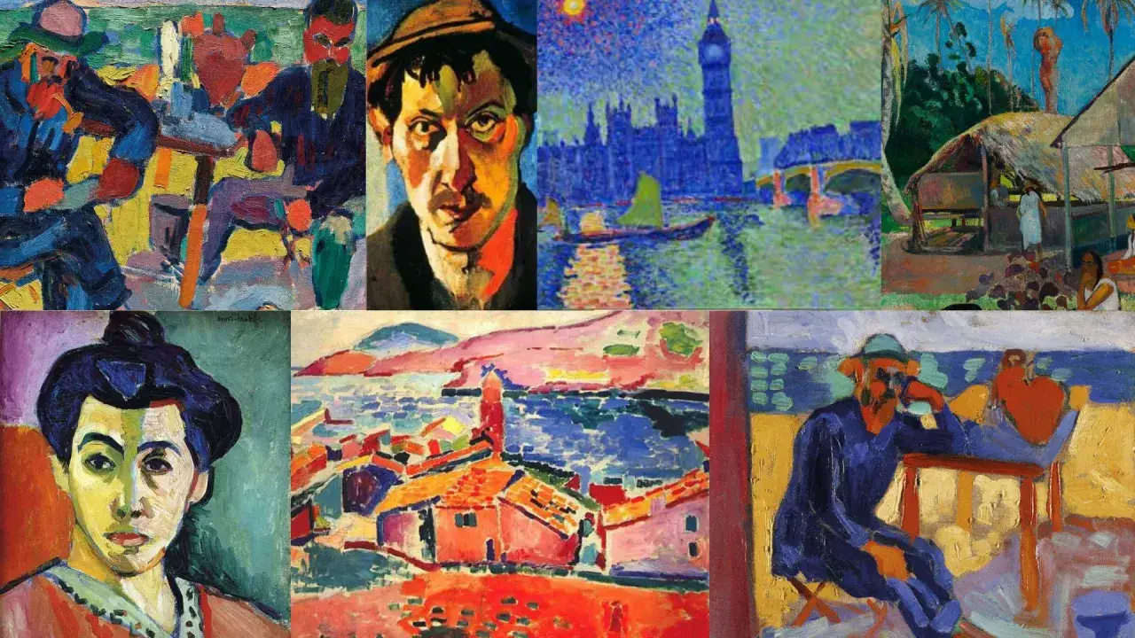 Vibrant Fauvism artists' works: portraits, landscapes, and scenes of life, showcasing bold colors and expressive brushstrokes.