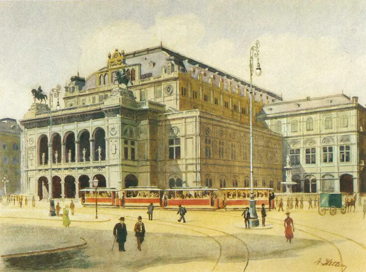A watercolor painting of the Vienna State Opera, a scene from Hitler's artwork, shows trams and pedestrians in a bustling square.