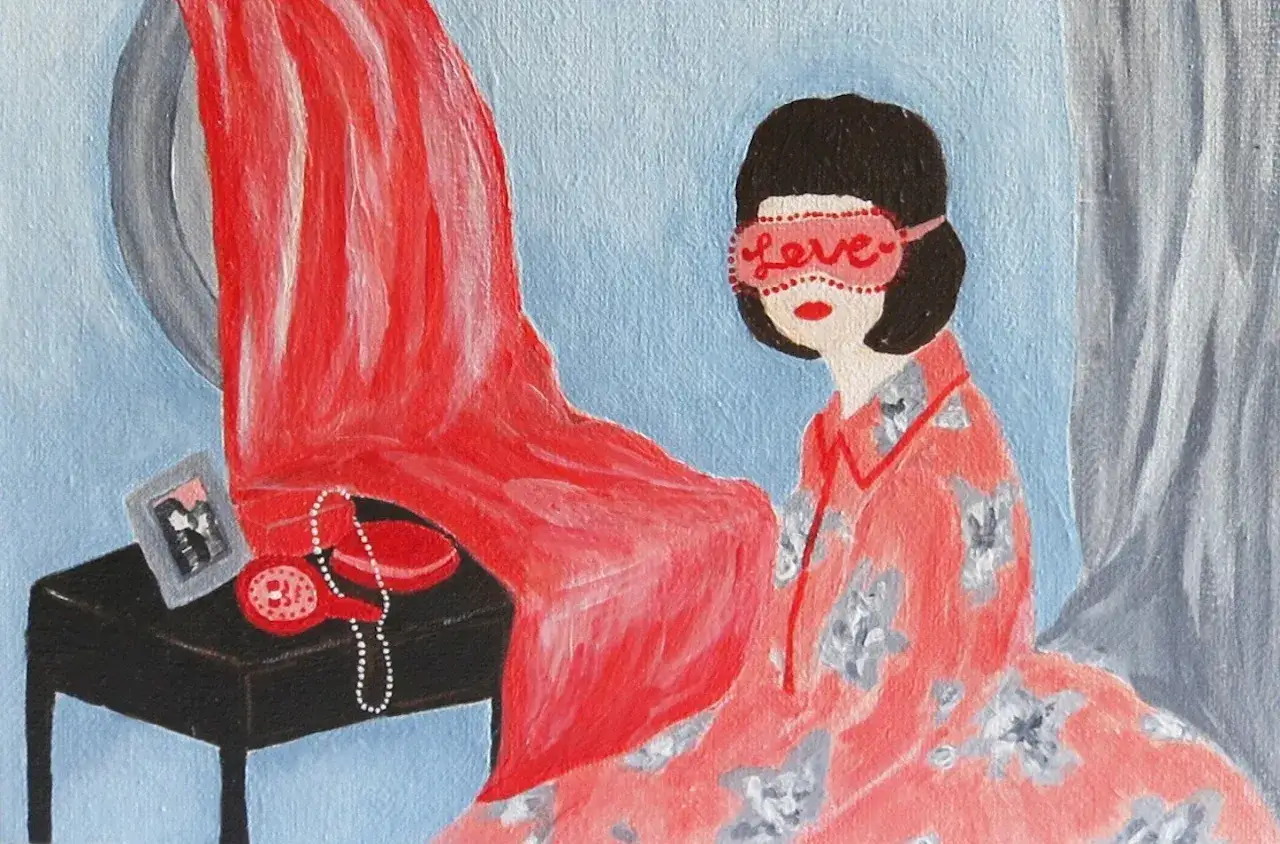 A unique portrait artist captures a woman in a red floral robe and 