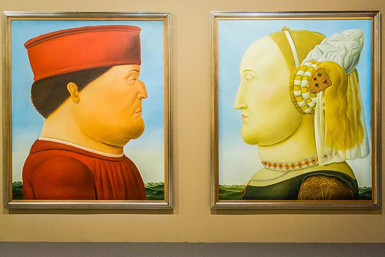 Two portraits in the Fernando Botero art style, featuring a man in a red cap and a woman in a jeweled headdress, gaze at each other across a landscape.