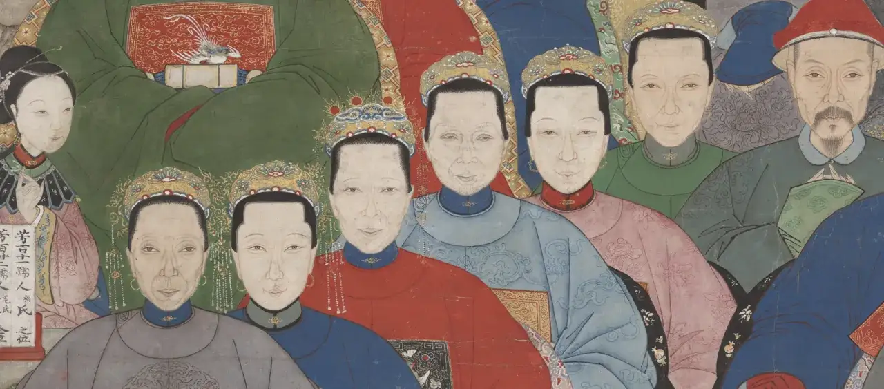 A detailed portrait showcasing the elegance of Chinese art, featuring a group of individuals in traditional attire, their faces rendered with delicate brushstrokes.