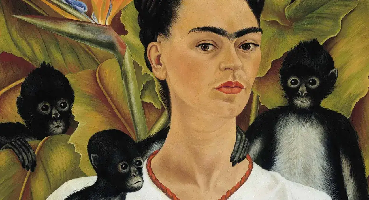 A self-portrait in Frida Kahlo style, featuring her iconic unibrow and red lips, surrounded by lush foliage and three curious monkeys.