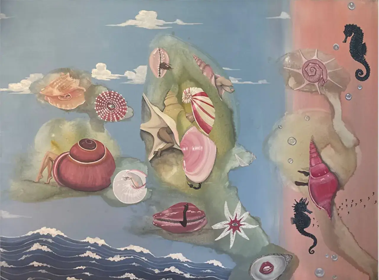 A surreal seascape with shells, seahorses, and human limbs, reminiscent of female surrealist painters' dreamlike visions.