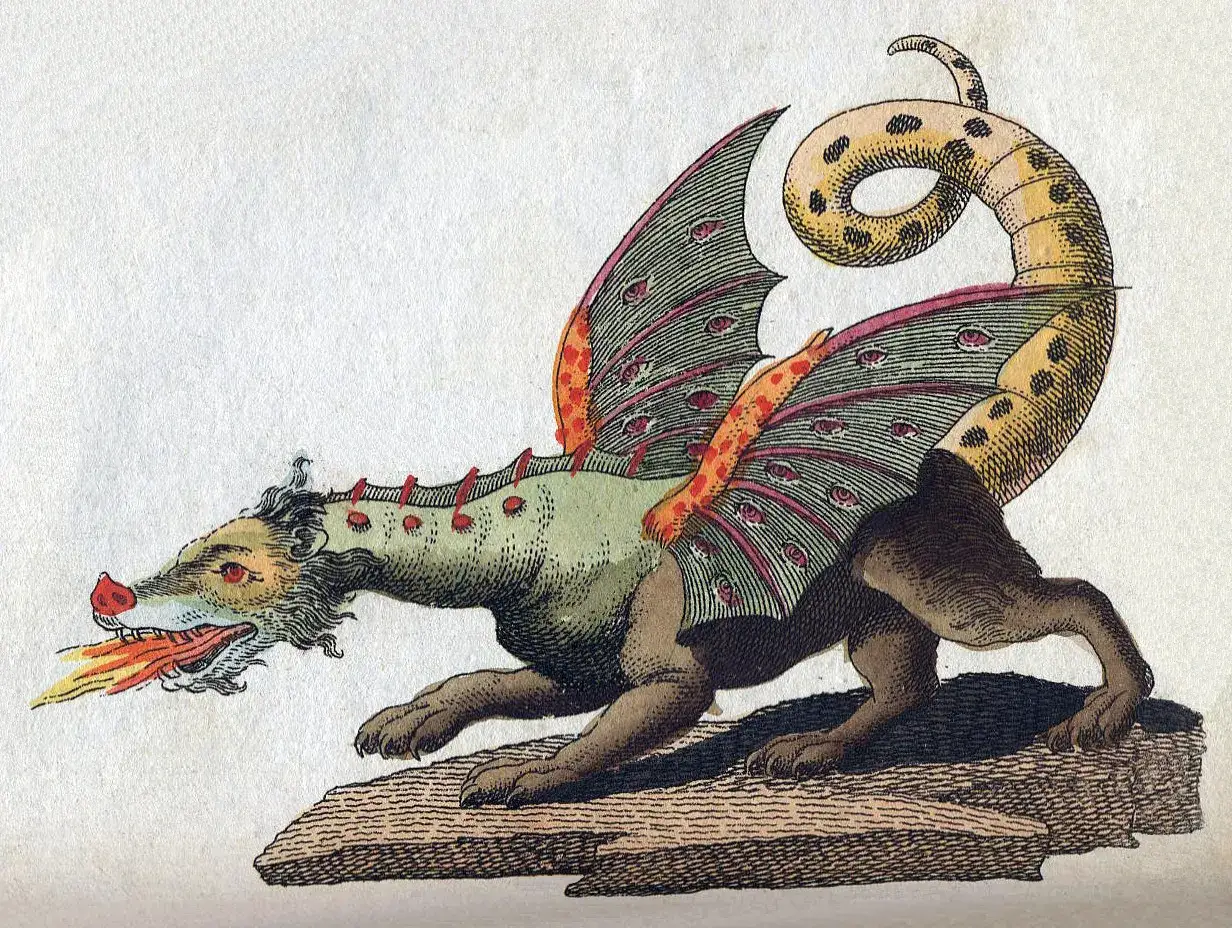 A fantastical creature breathes fire in this historical medieval dragon art. Its wings are adorned with numerous eyes, and its spotted tail curls dramatically.