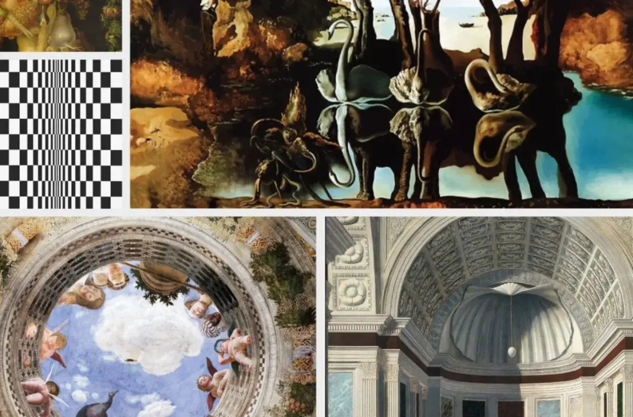 A collage of optical illusion art, featuring surreal elephants, a checkerboard pattern, and architectural frescoes.