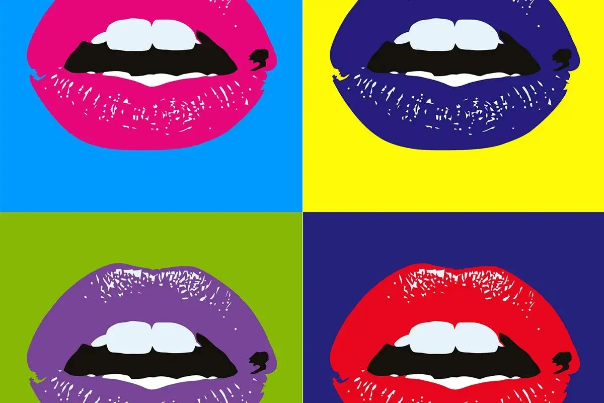 Four vibrant pop art symbols of open mouths with colorful lips and white teeth, set against bold, contrasting backgrounds.
