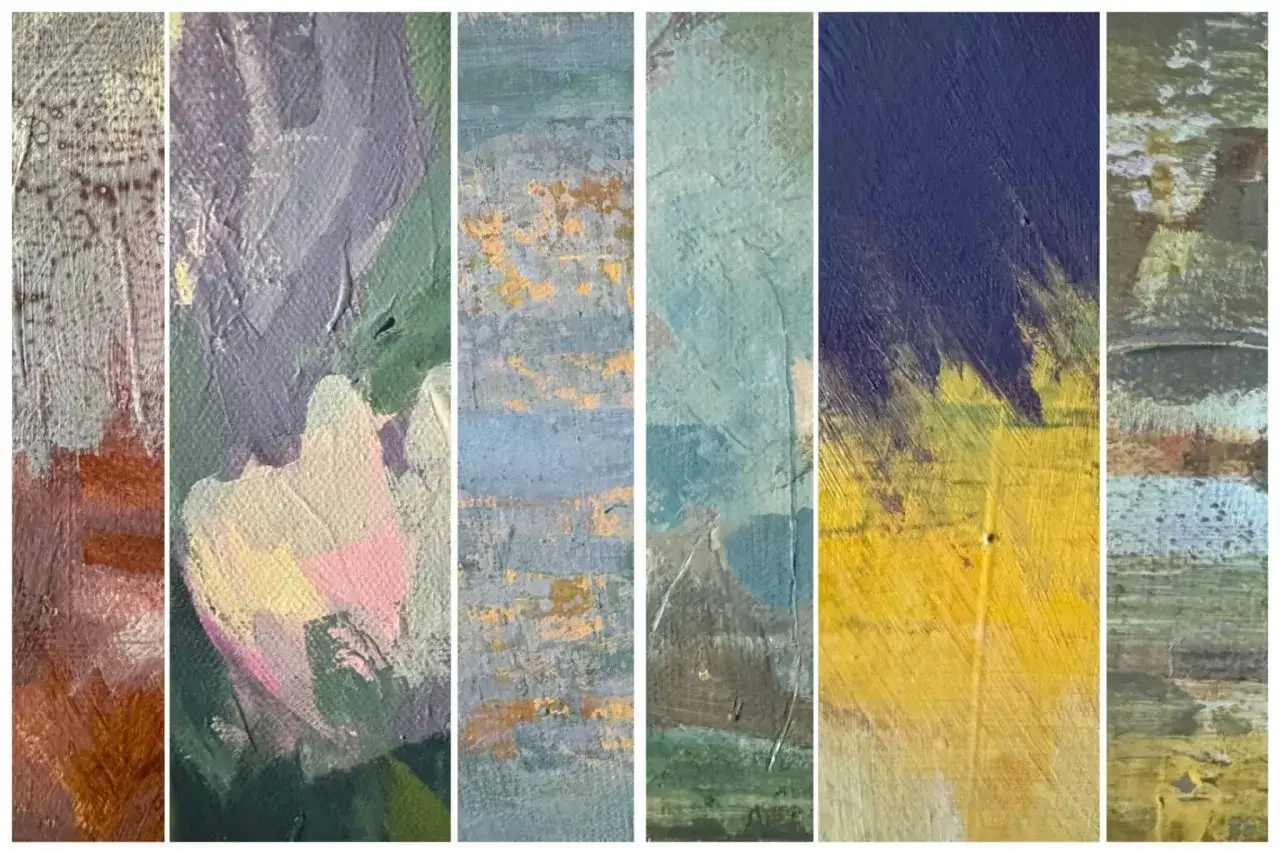 Abstract art panels showcase diverse textures and colors, inviting visual literacy in art.