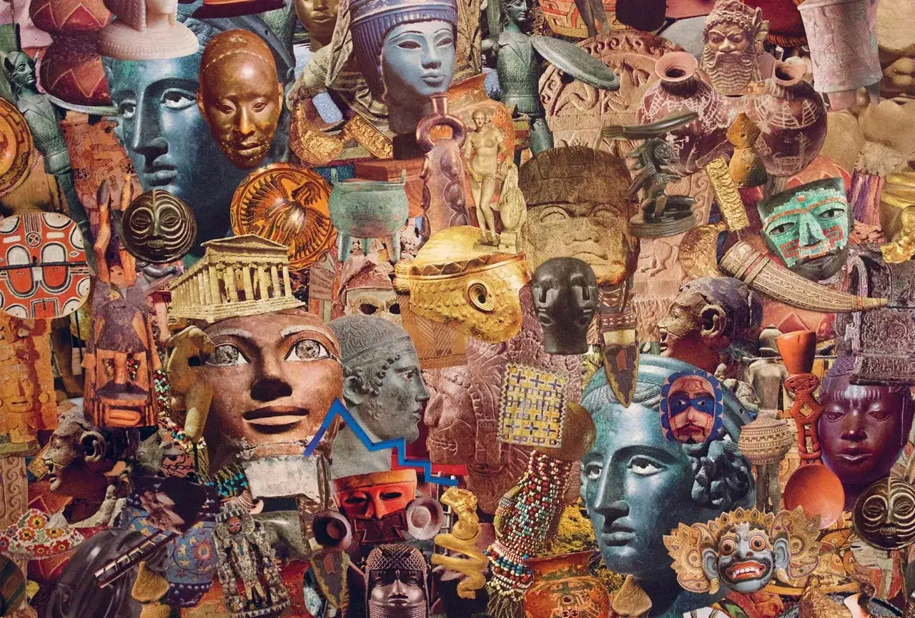 Collage examples of ancient artifacts, masks, and sculptures from various cultures, creating a rich tapestry of history.