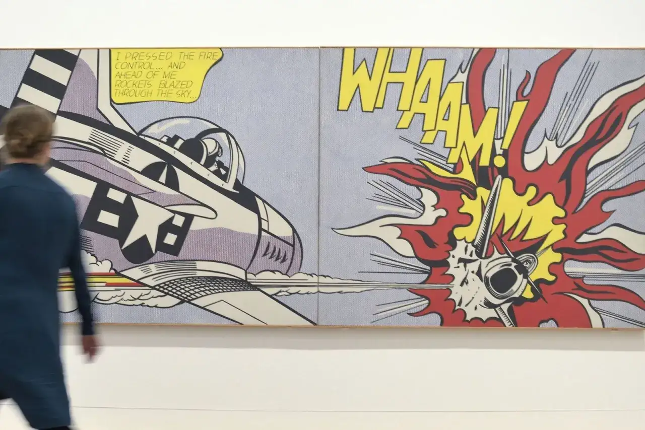 A pop art simple diptych depicts a fighter jet firing rockets, with 