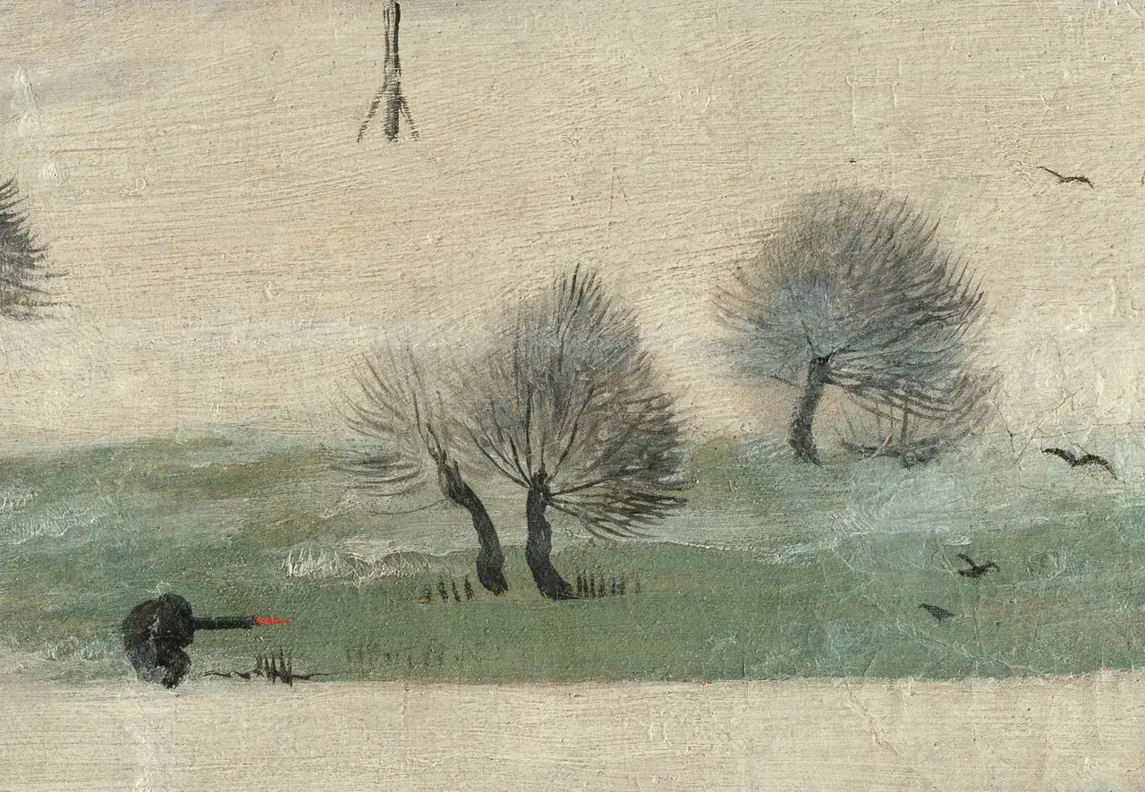 A lone hunter, possibly one of the hunters in the snow, lies in wait near a dark, red-tipped object. Bare trees and birds dot the wintry landscape.
