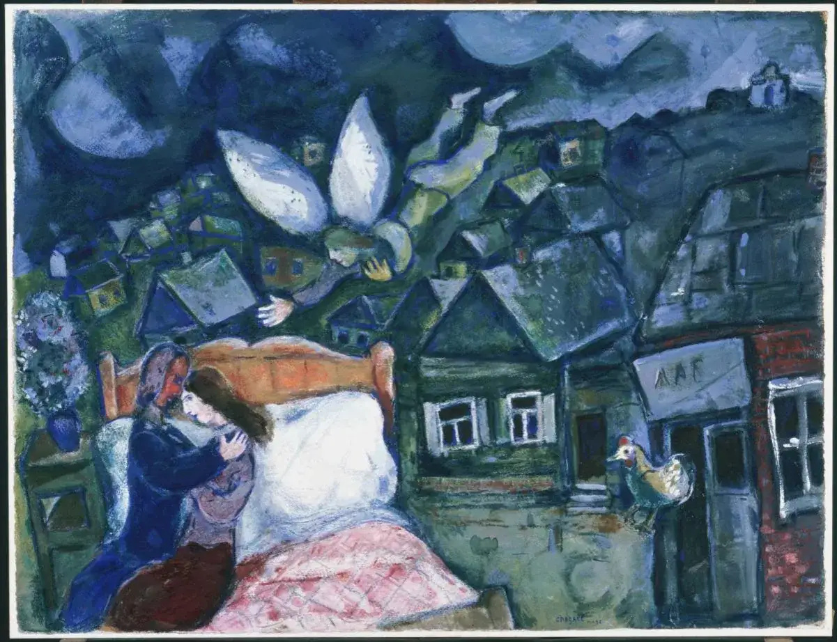 A couple embraces in bed while an angel flies over a village in this dreamlike painting by famous Marc Chagall.