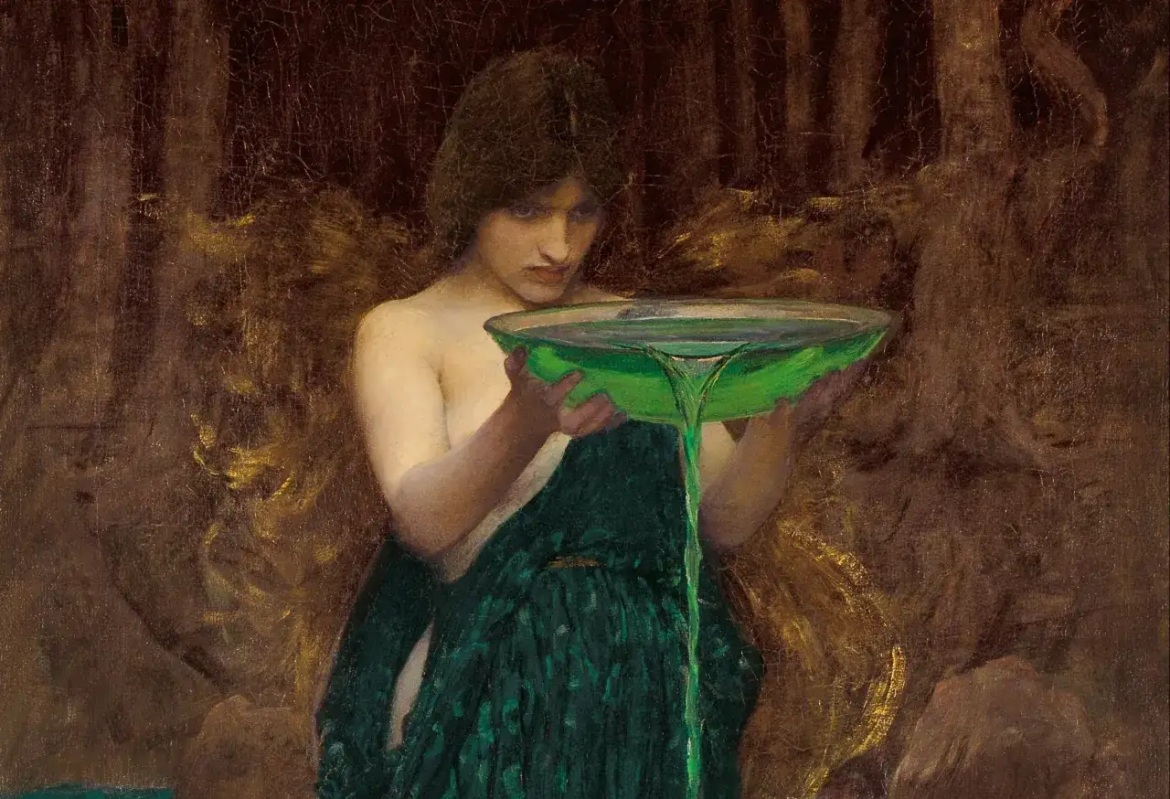 A woman, perhaps Circe, pours a vibrant green liquid from a shallow bowl. Her gaze is intense, her expression enigmatic. This painting captures a moment of potent magic.