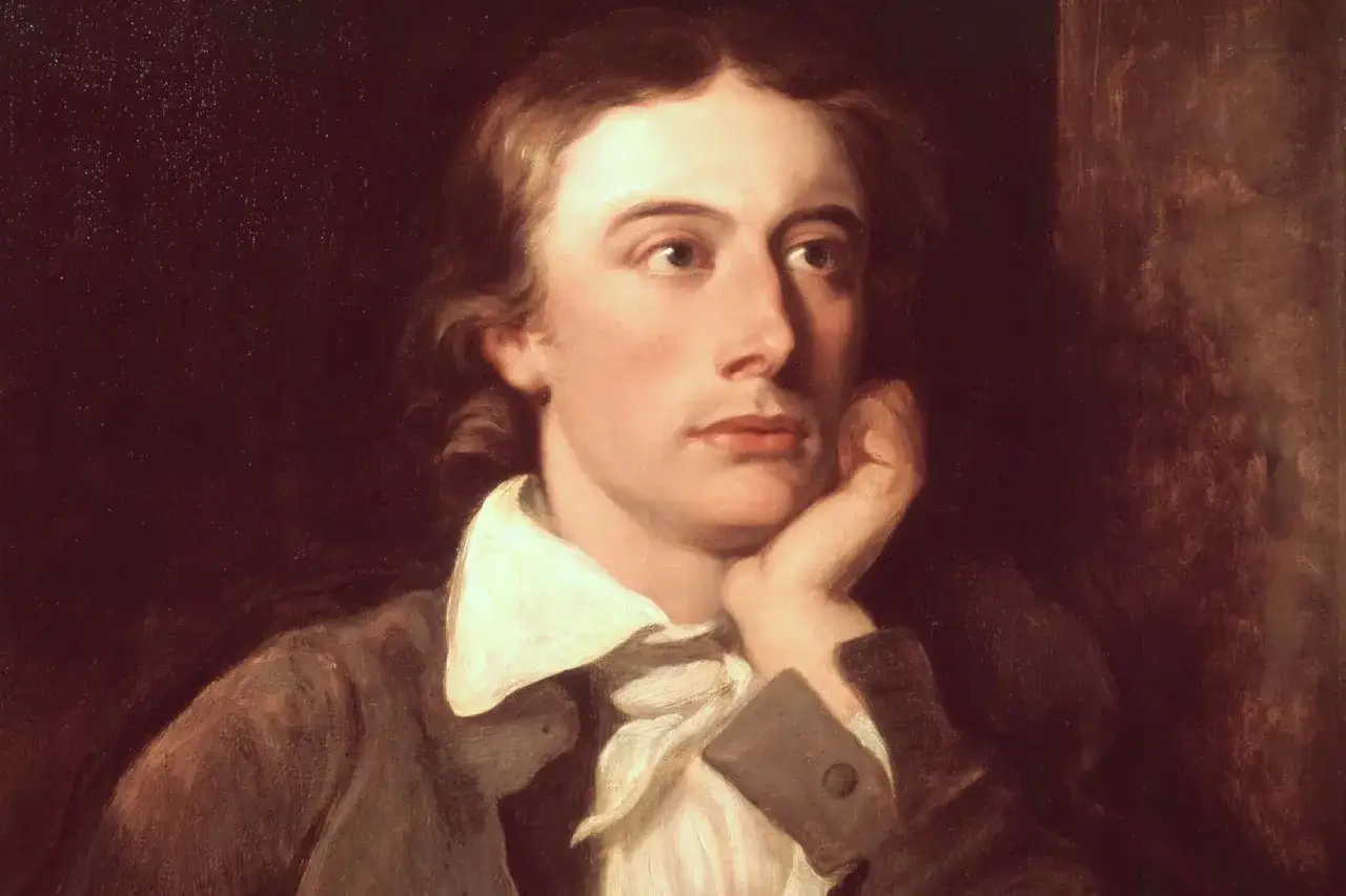 A thoughtful John Keats portrait, his hand resting on his chin, eyes gazing into the distance, as if composing a poem.