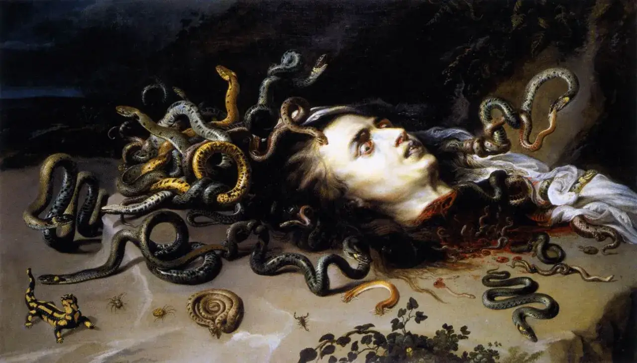 Medusa, a figure from Greek mythology art, lies with her head severed, her hair a writhing mass of snakes.
