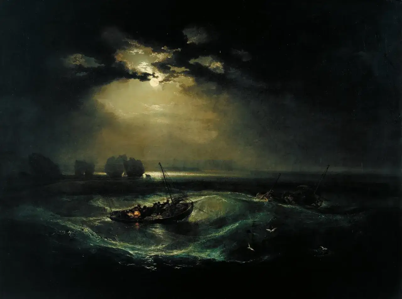 A moonlit storm at sea. The artist masterfully uses dark tones and dramatic light to create a powerful, unsettling tone, showing boats struggling in rough waves.