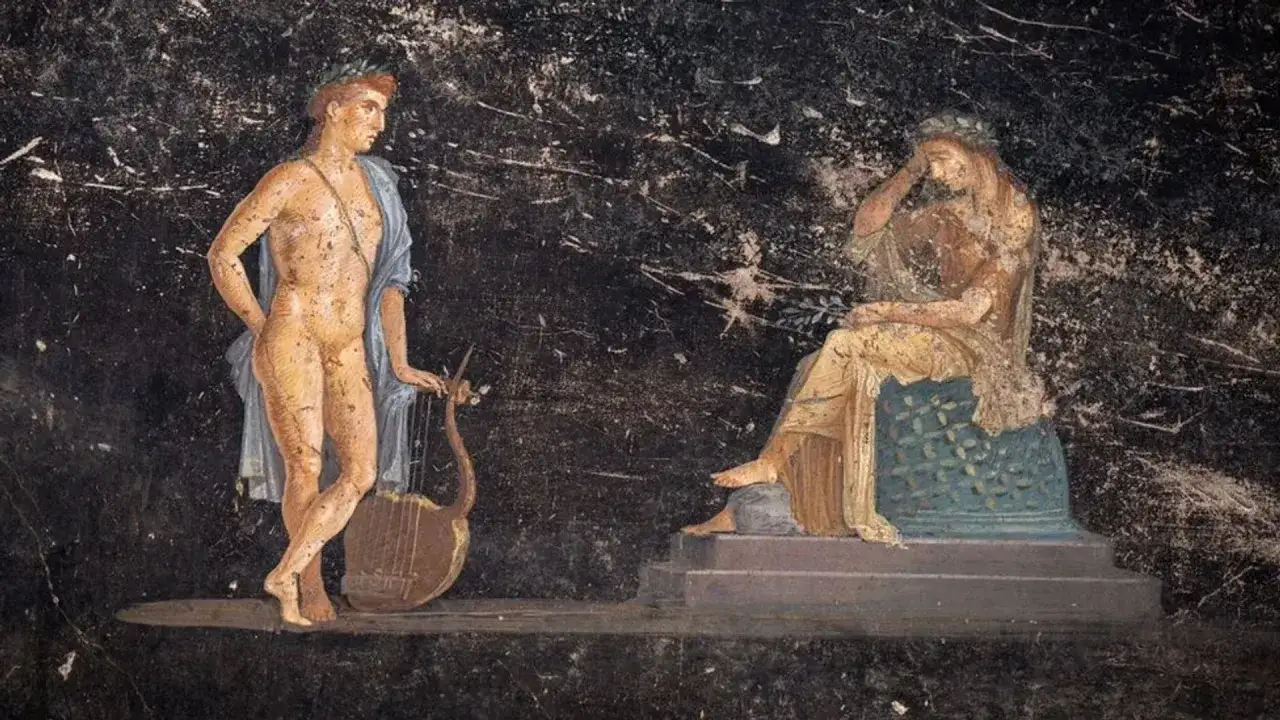A nude male figure with a lyre stands before a seated, draped female figure. This fresco, often considered inappropriate Pompeii art, depicts a scene of classical mythology.