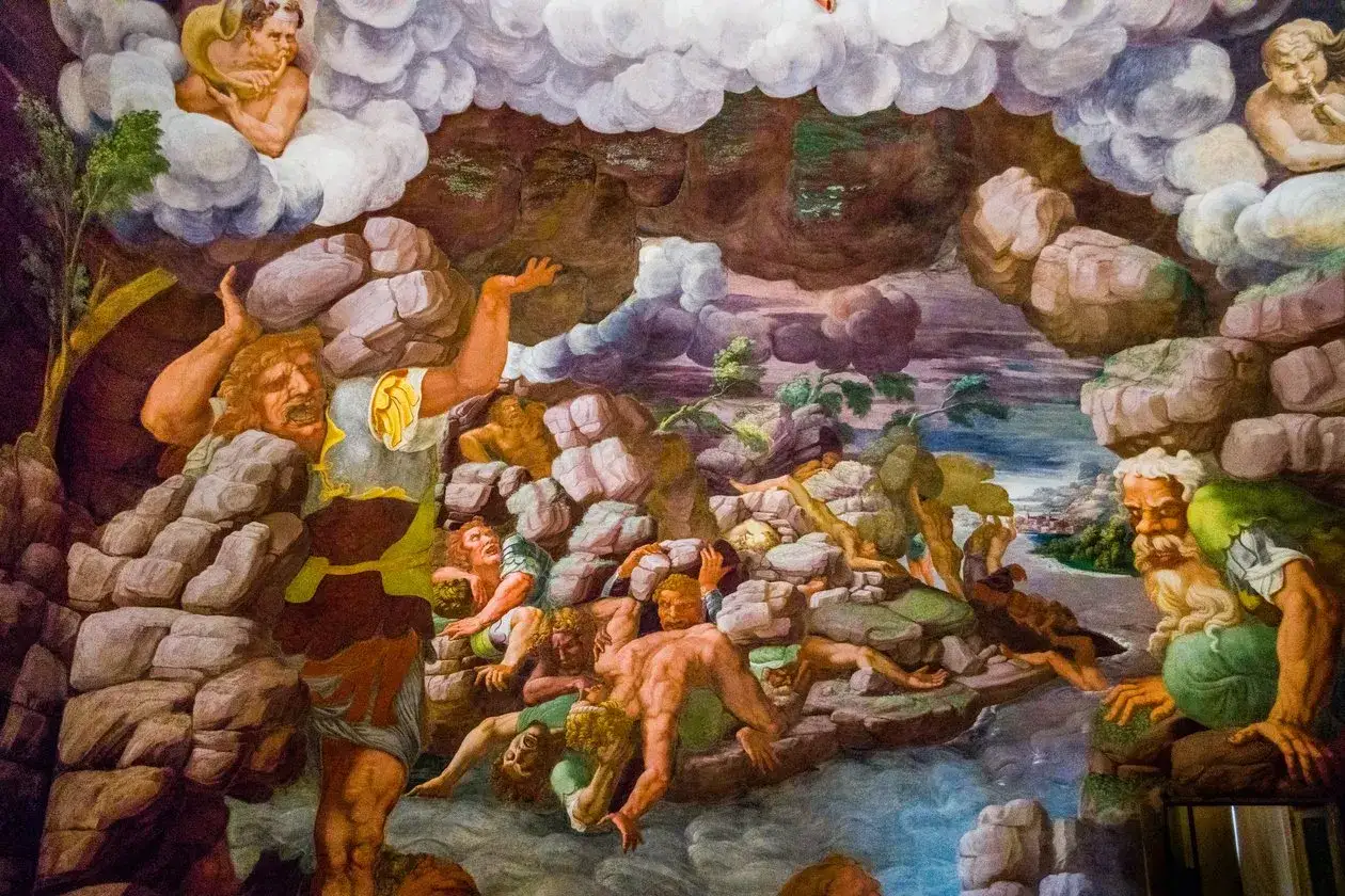 The fall of the giants painting depicts a chaotic battle with gods and giants amidst rocks and clouds.