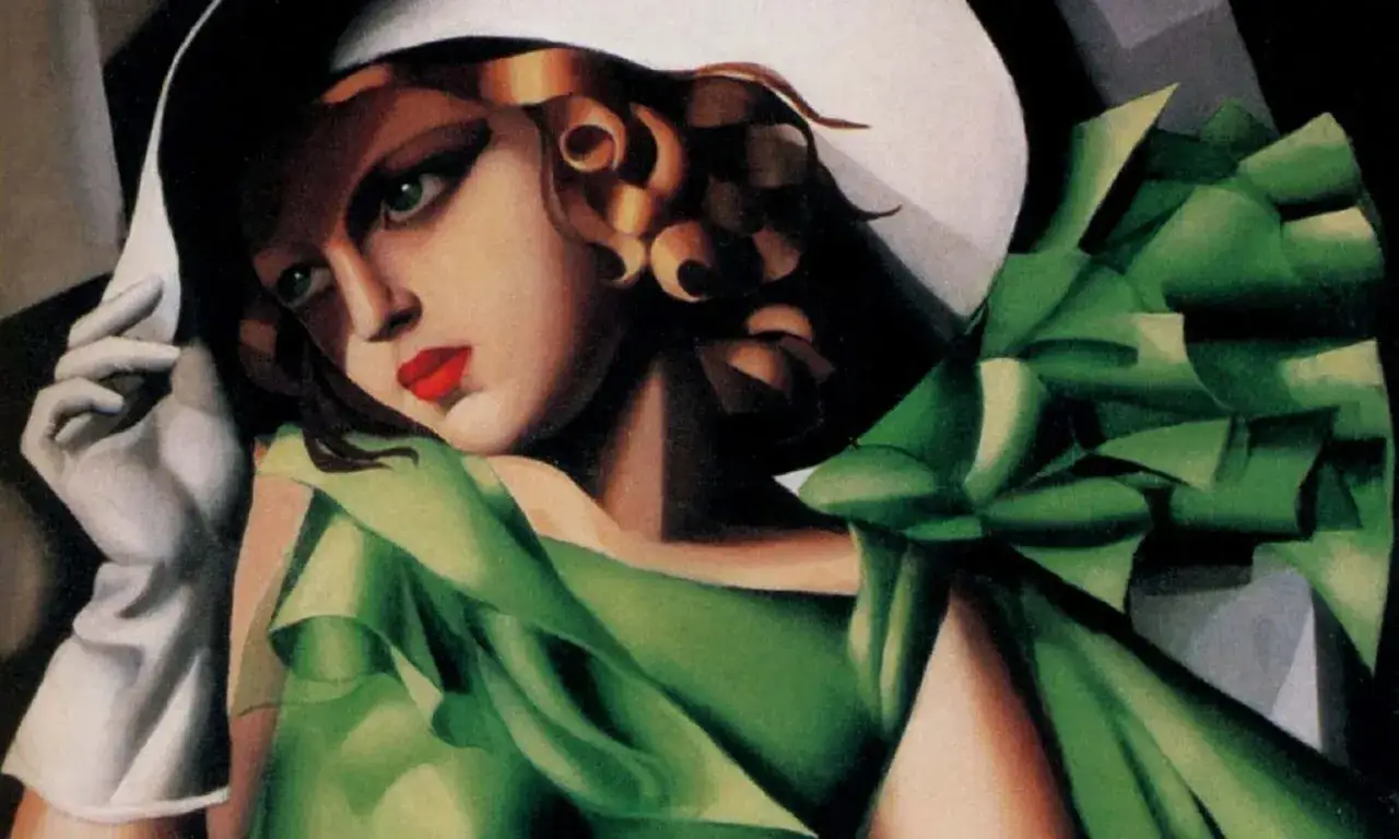 A striking portrait of a woman in a green dress and white hat, reminiscent of Tamara de Lempicka's style. Her gaze is intense, her lips red, and her hand in a white glove.