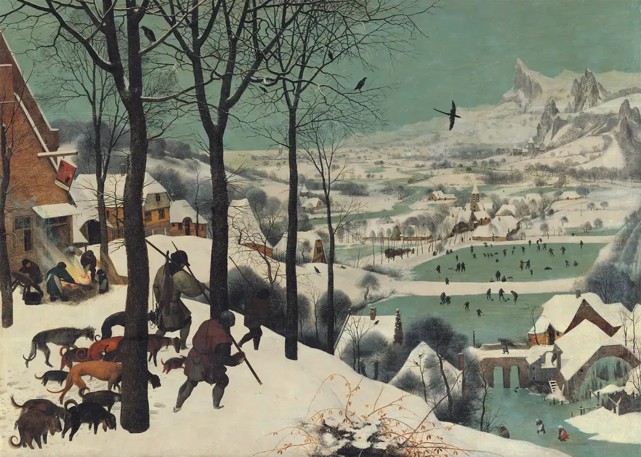The hunters in the snow return with their dogs, while a village below bustles with winter activities on a frozen lake.