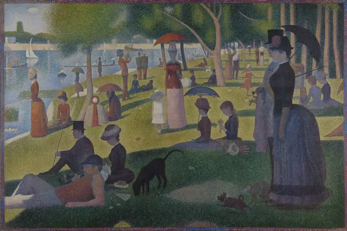 A sunny day in the park, with people enjoying leisure activities by the water. This scene, rendered by pointillism artists, captures the essence of a leisurely afternoon.