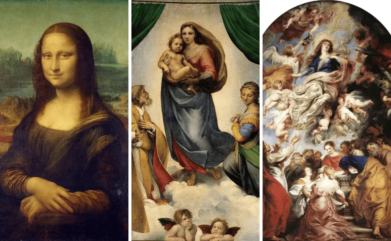 Three iconic paintings showcasing the genius of a renaissance artist: Mona Lisa, Raphael's Sistine Madonna, and Rubens' Assumption of the Virgin.