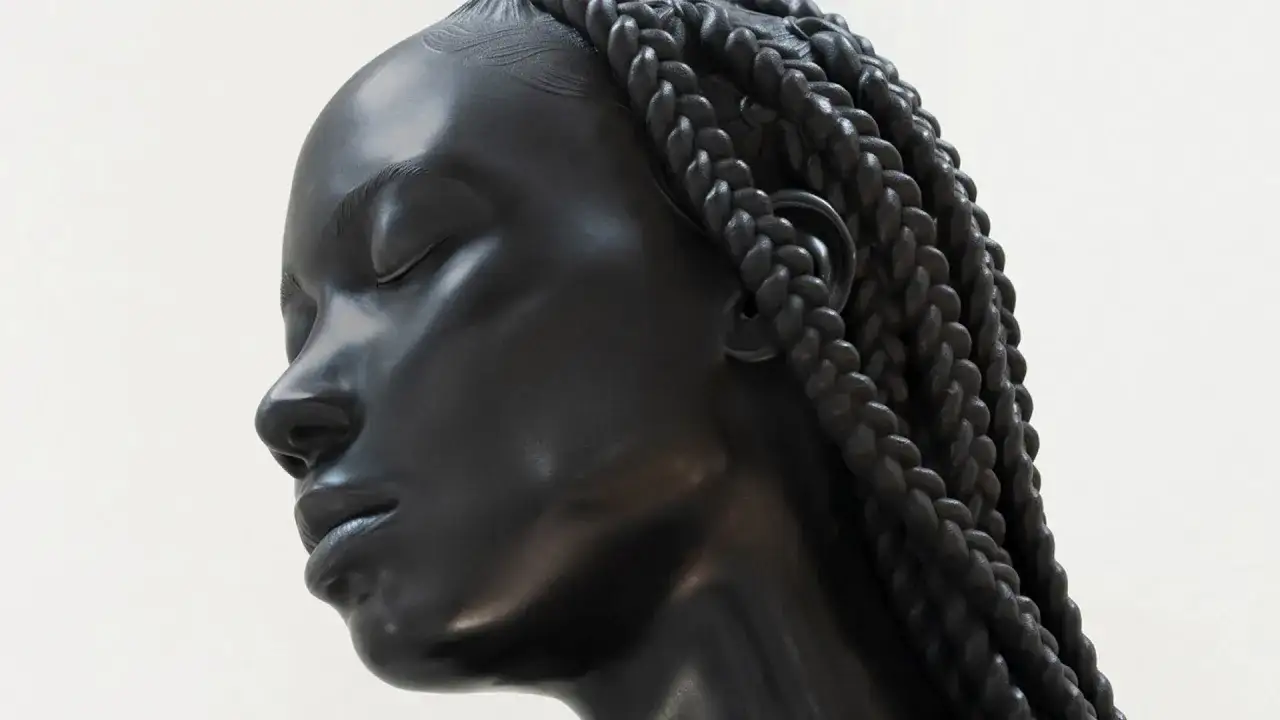 A striking thomas j price sculpture of a young woman's profile, her eyes closed, with intricately braided hair.