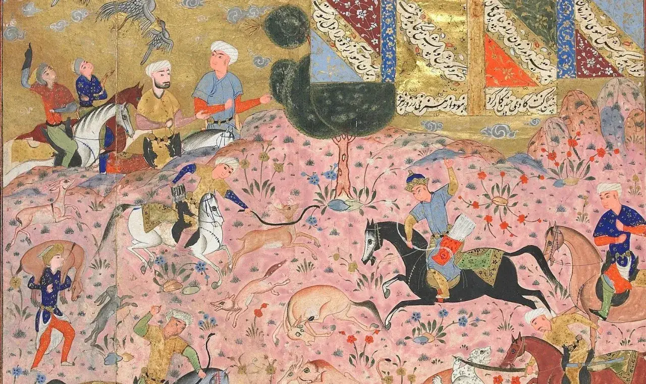 A vibrant scene of a royal hunt, showcasing the rich detail of iranian art. Figures on horseback pursue deer and other animals across a pink, floral landscape.