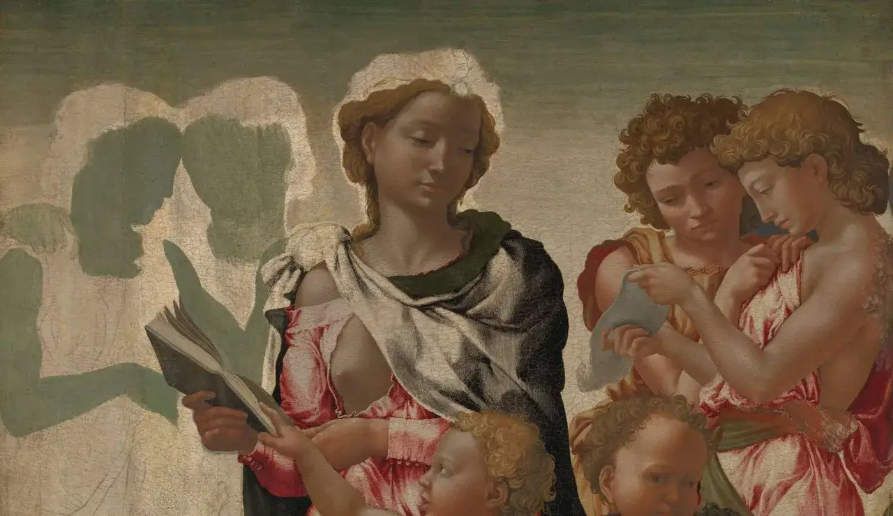 A woman reads a book, surrounded by cherubic figures and ethereal outlines, rendered in delicate egg tempera paint.