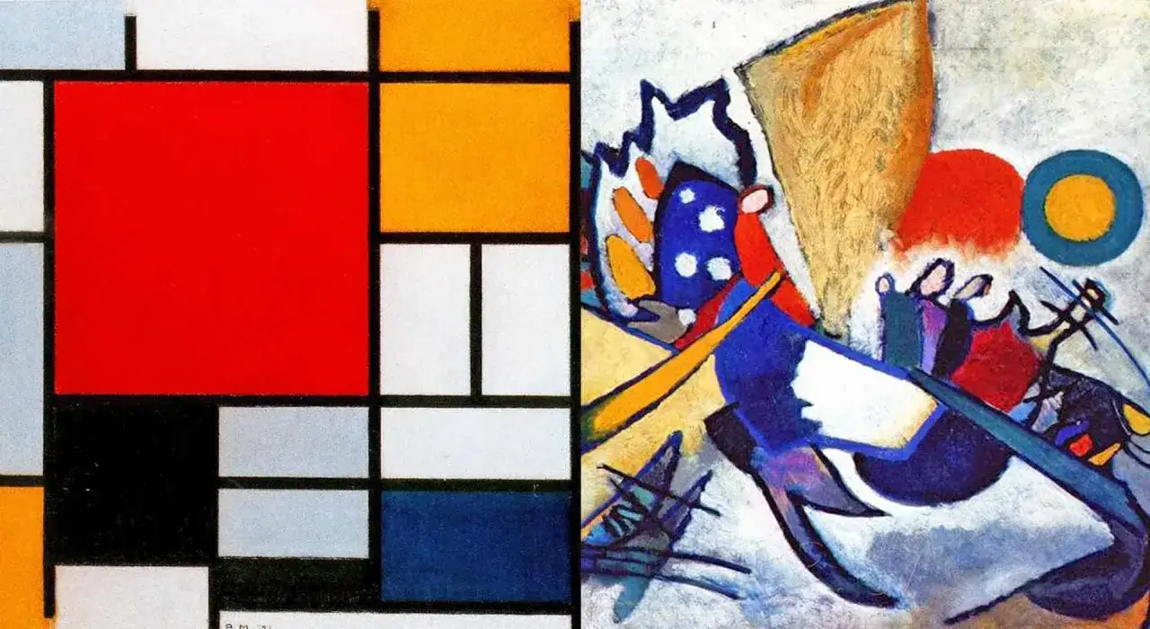 Two contrasting abstract paintings: one with bold geometric shapes and primary colors, the other a dynamic explosion of color and form.