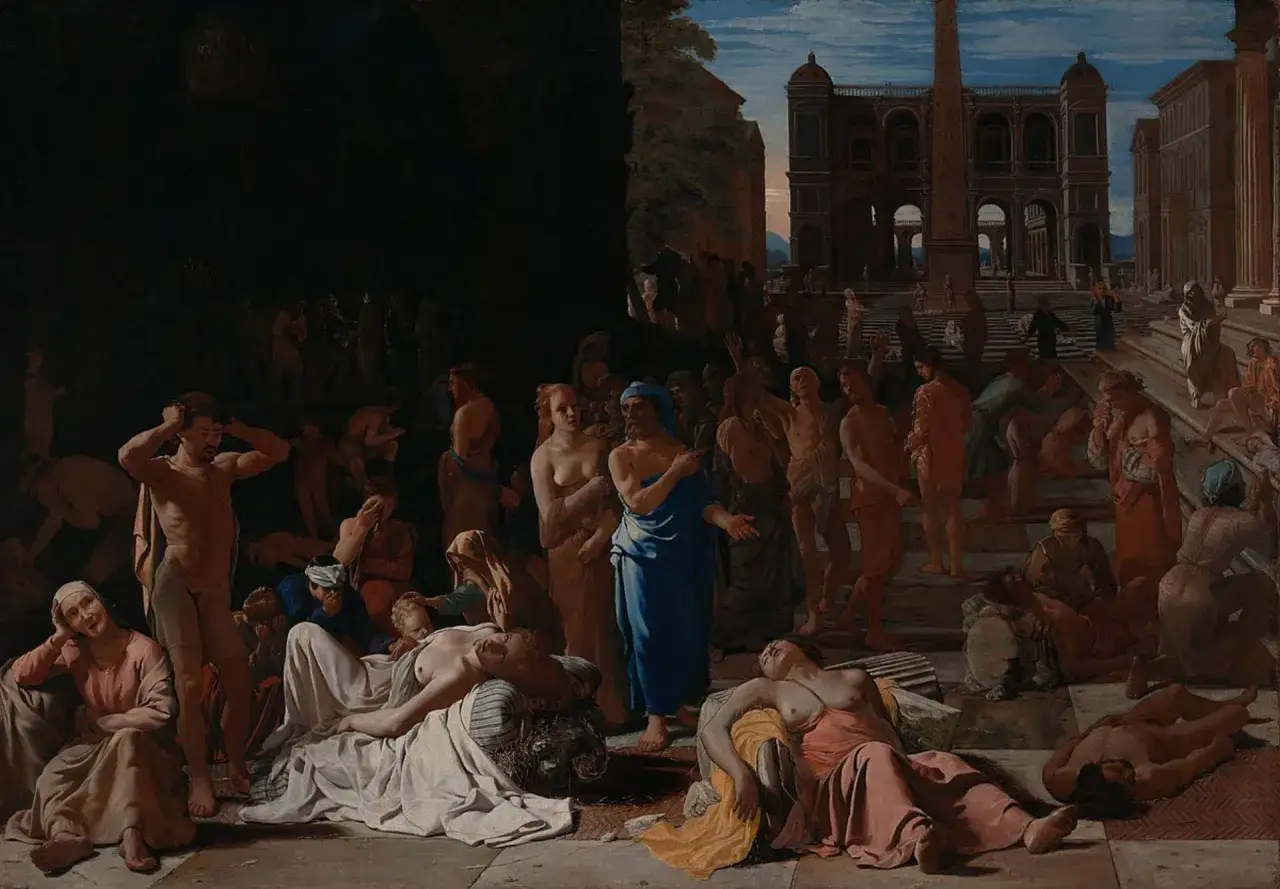 The wounded Philoctetes, abandoned and suffering, lies amidst a plague-ridden city. Figures in despair and agony fill the scene.