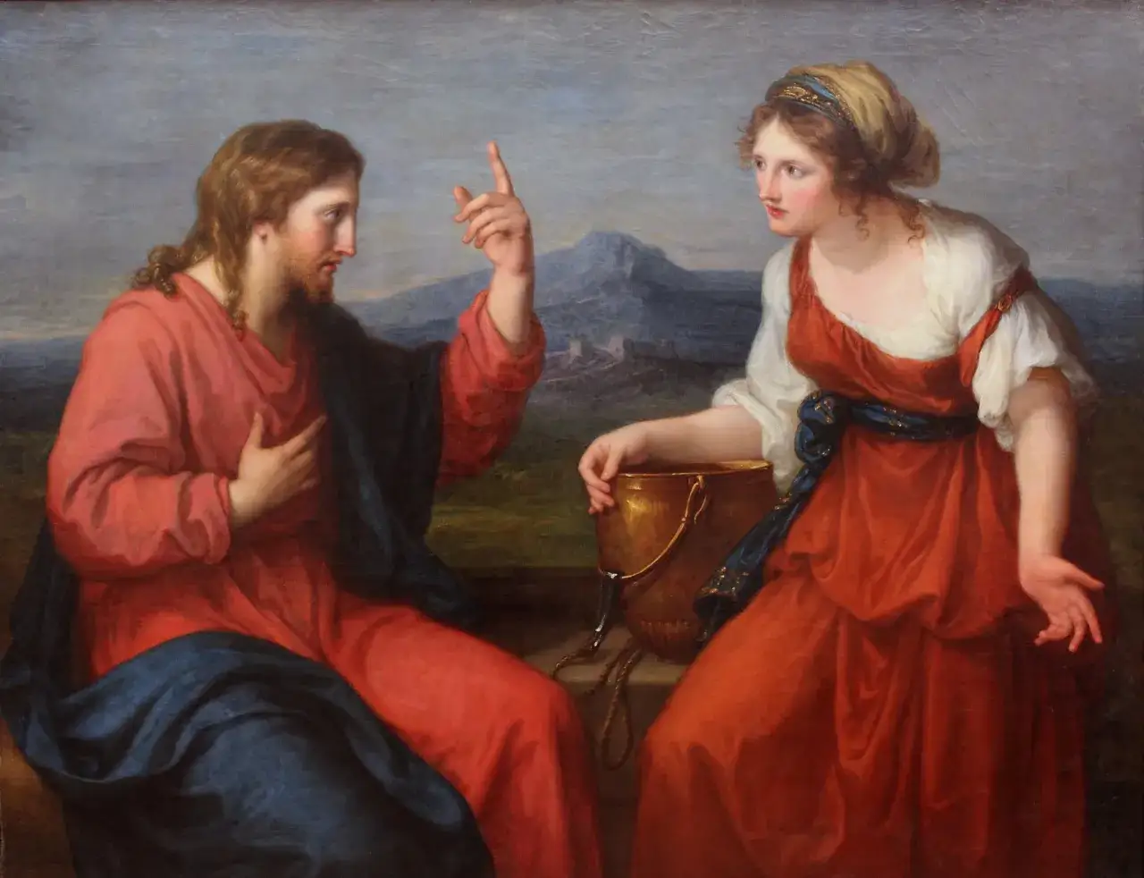 Jesus speaks to a woman at a well in this art piece. She holds a bucket, and he gestures with his hand.