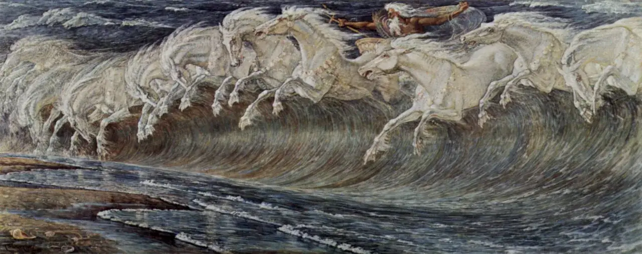 A powerful wave crashes, carrying white horses and a figure with a trident, like a mythical green horse riding the sea.