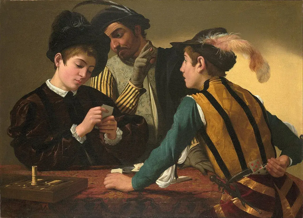 The fortune teller painting depicts a card game where one player slyly hides cards.