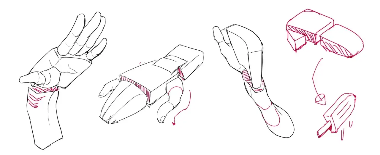 Diagrams showing how to break down hands into simple shapes, illustrating why are hands so hard to draw.